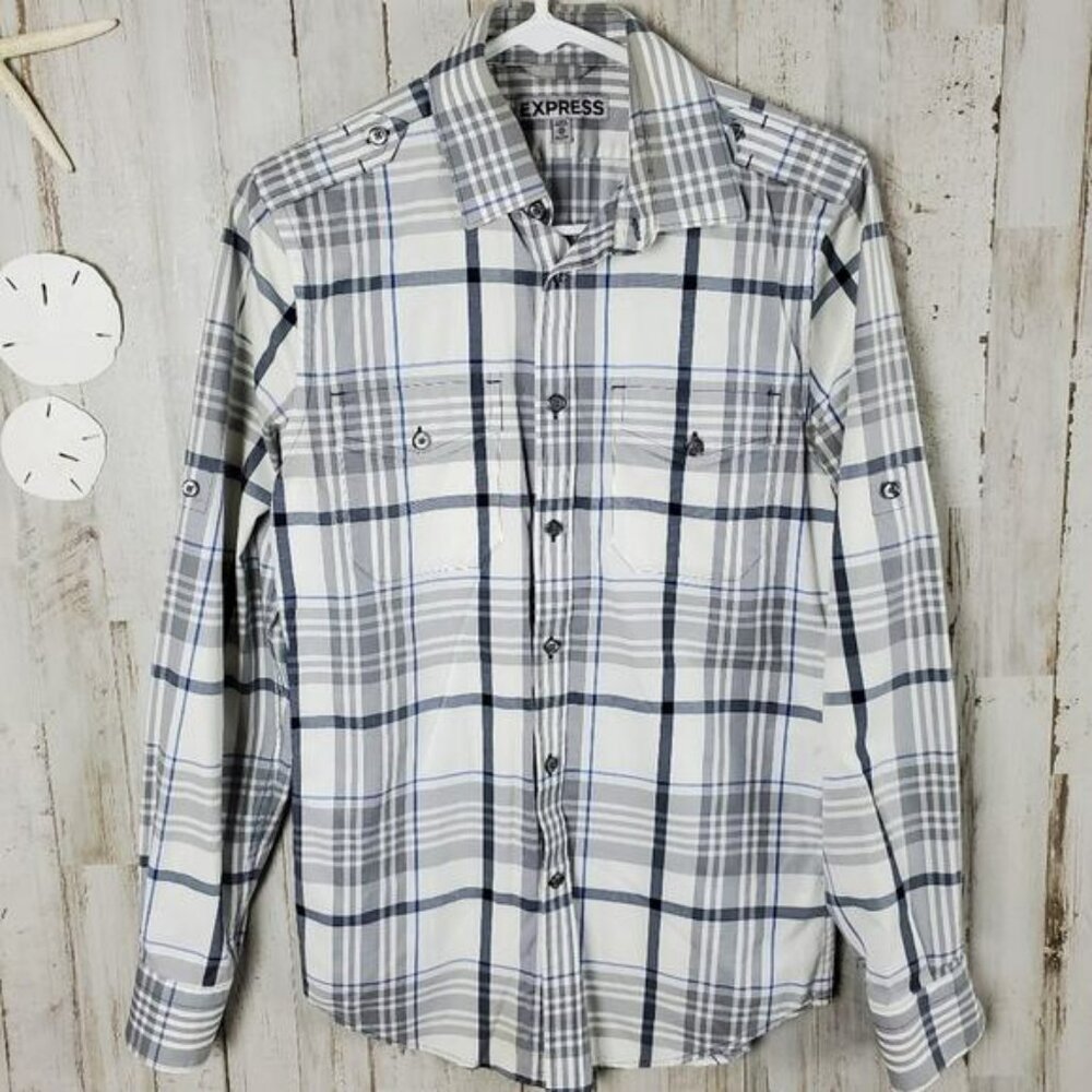 Express Plaid Button Down Shirt White Gray Blue Size XS